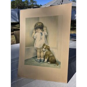 VTG Bessie Pease Gutmann Print "In Disgrace" Child Dog Illustration 14x20 SEE